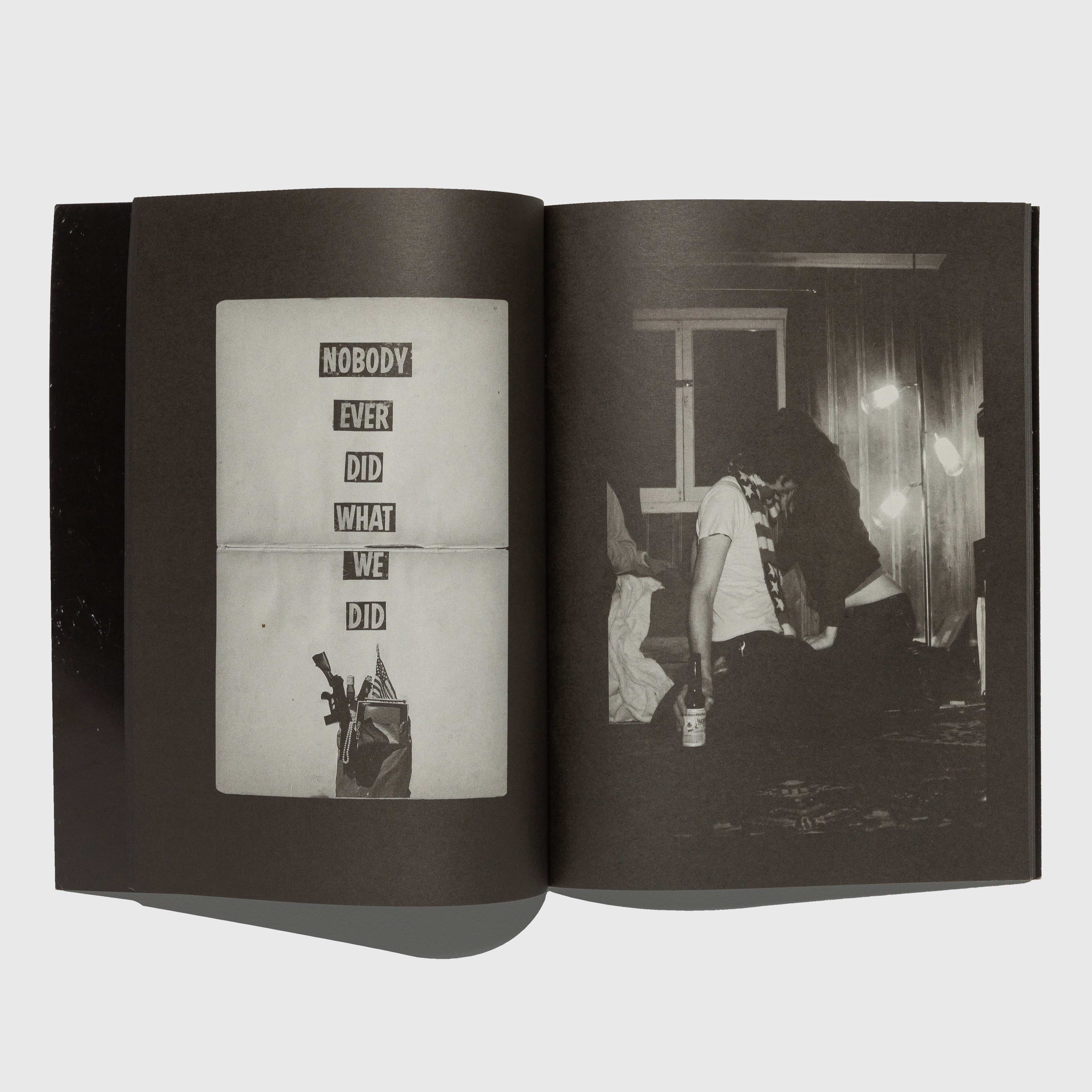 Open book with black and white photos and text on a light gray background. Dash Snow for Purple magazine.