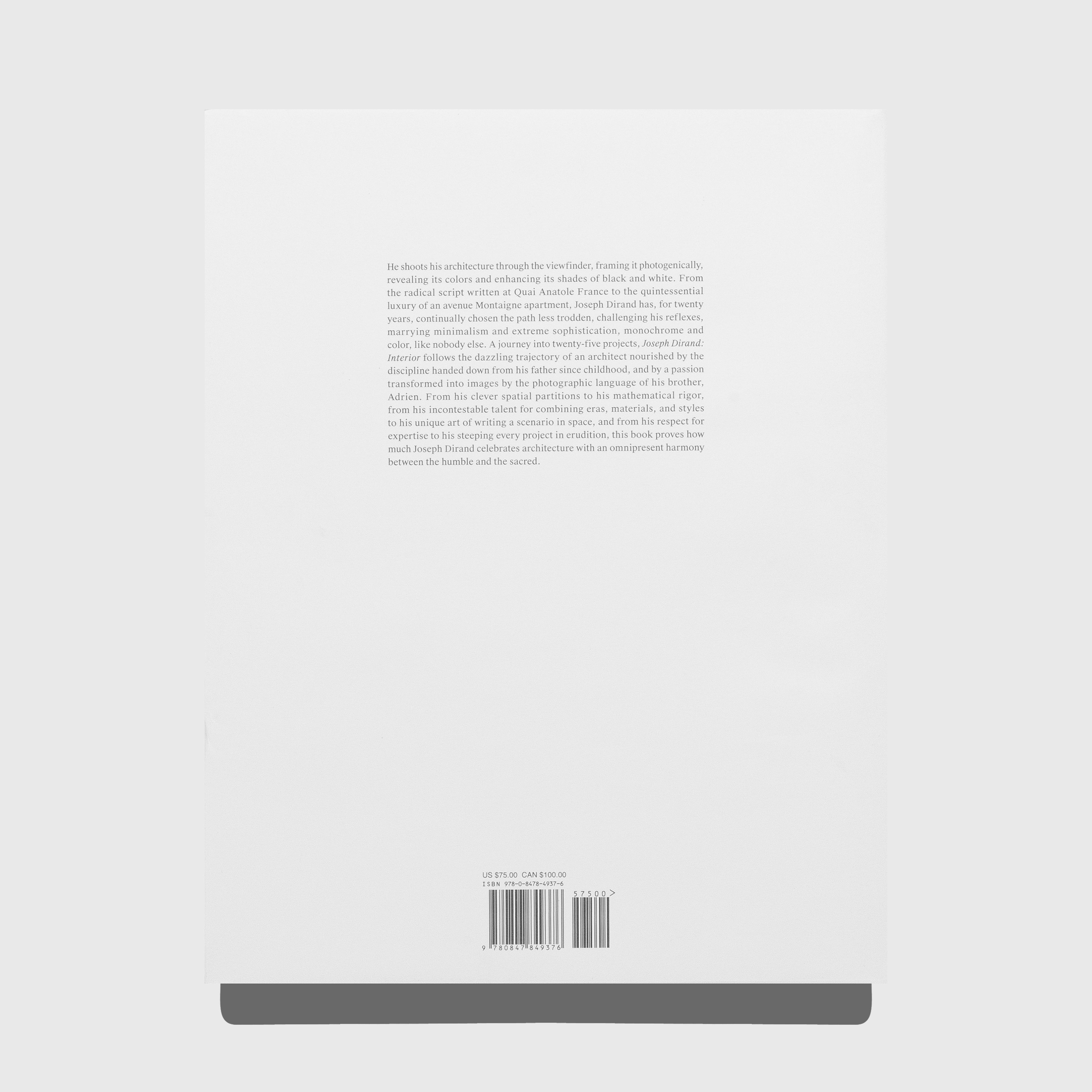 Back cover of a book with text and a barcode on a white background. Interior by Joseph Dirand. Published by Rizzoli.
