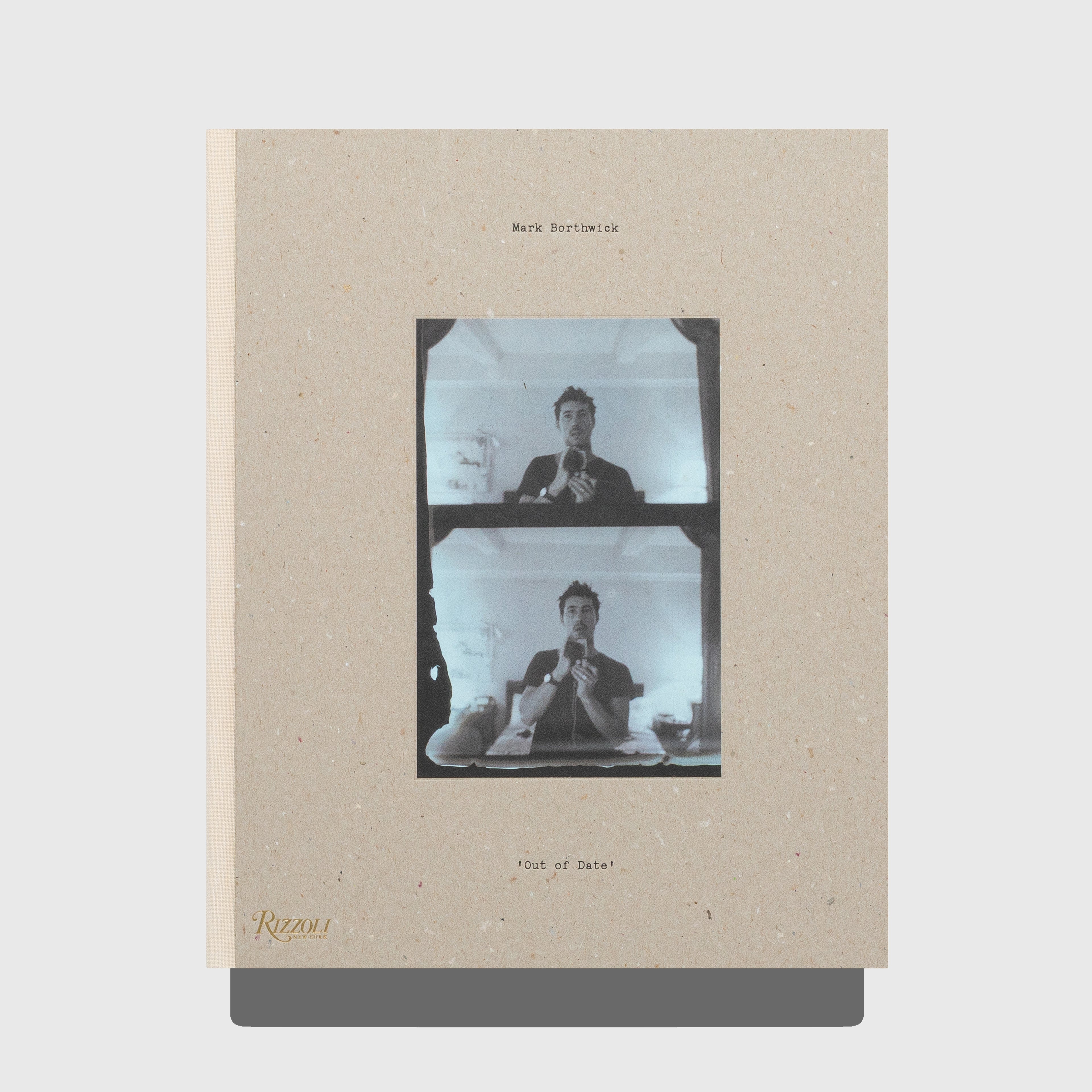Book cover with black and white photos of a person on a beige background. Out of Date book by Mark Borthwick. Published by Rizzoli.