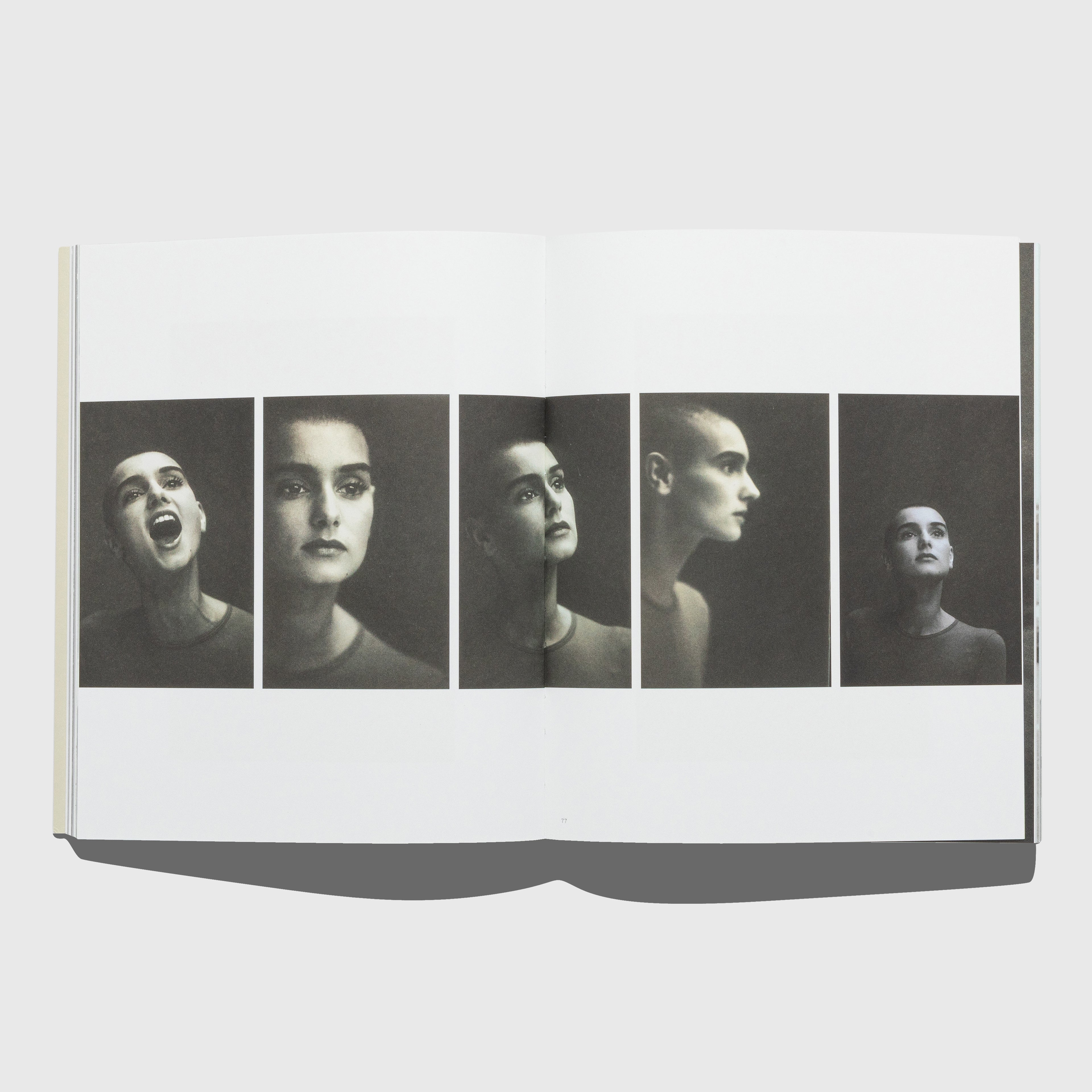 Open book with black and white photographs of Sinéad O'Connor on each page. Out of Date book by Mark Borthwick. Published by Rizzoli.