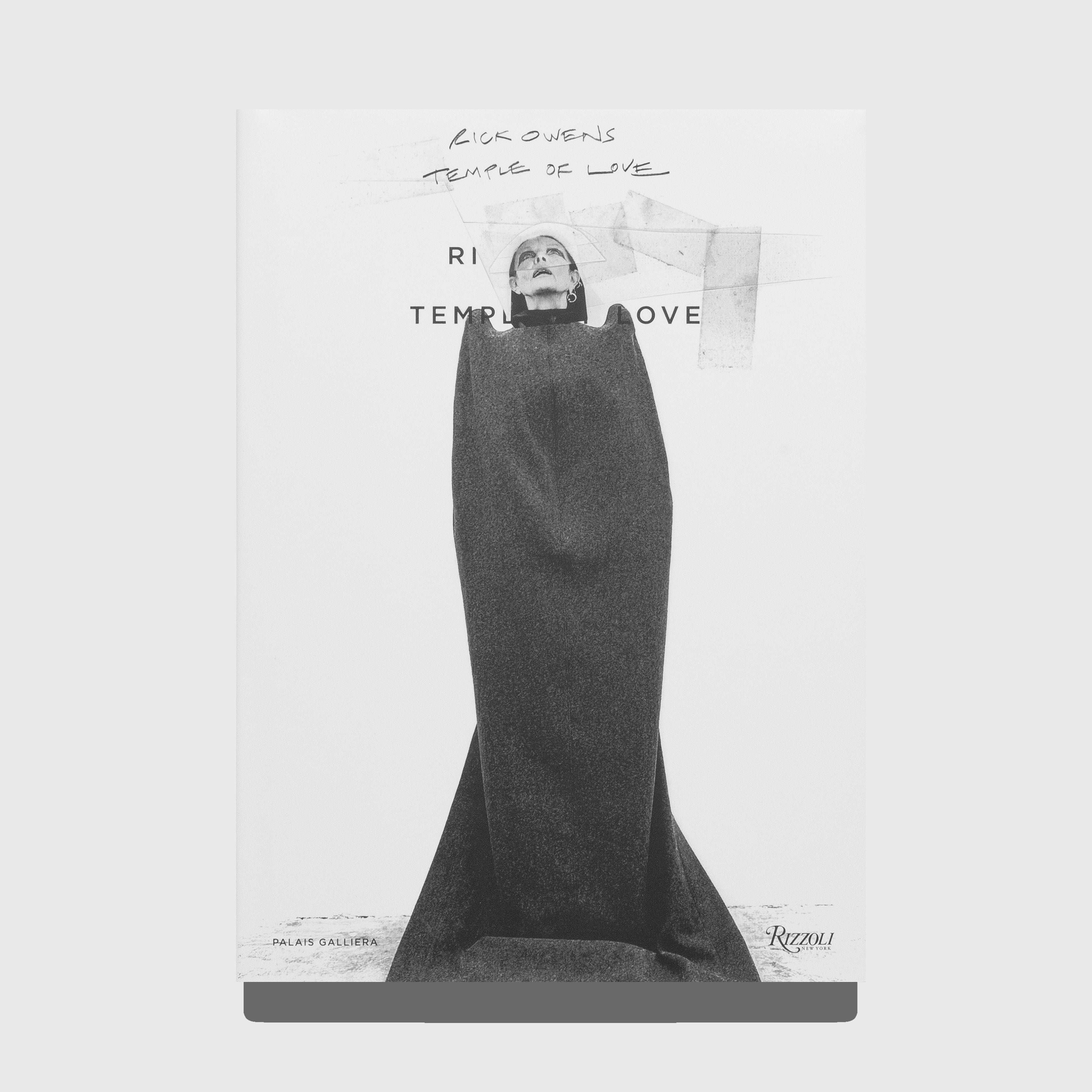 Book cover with a draped Michelle Lamy and text on a white background. Rick Owens Temple of Love book. Published by Rizzoli and Palais Galleria.