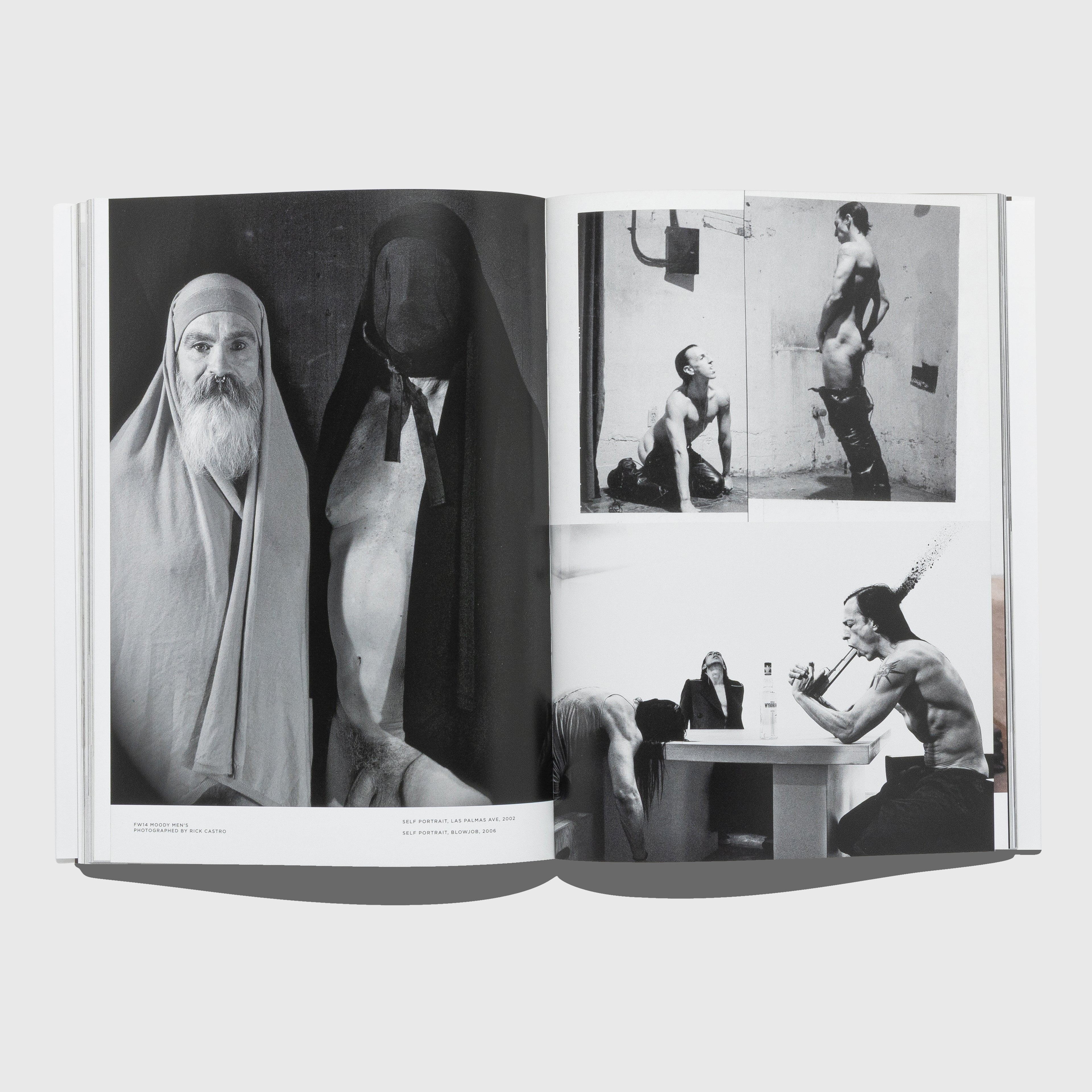 Open book displaying black and white photographs on a light gray background. Rick Owens Temple of Love book. Published by Rizzoli and Palais Galleria.