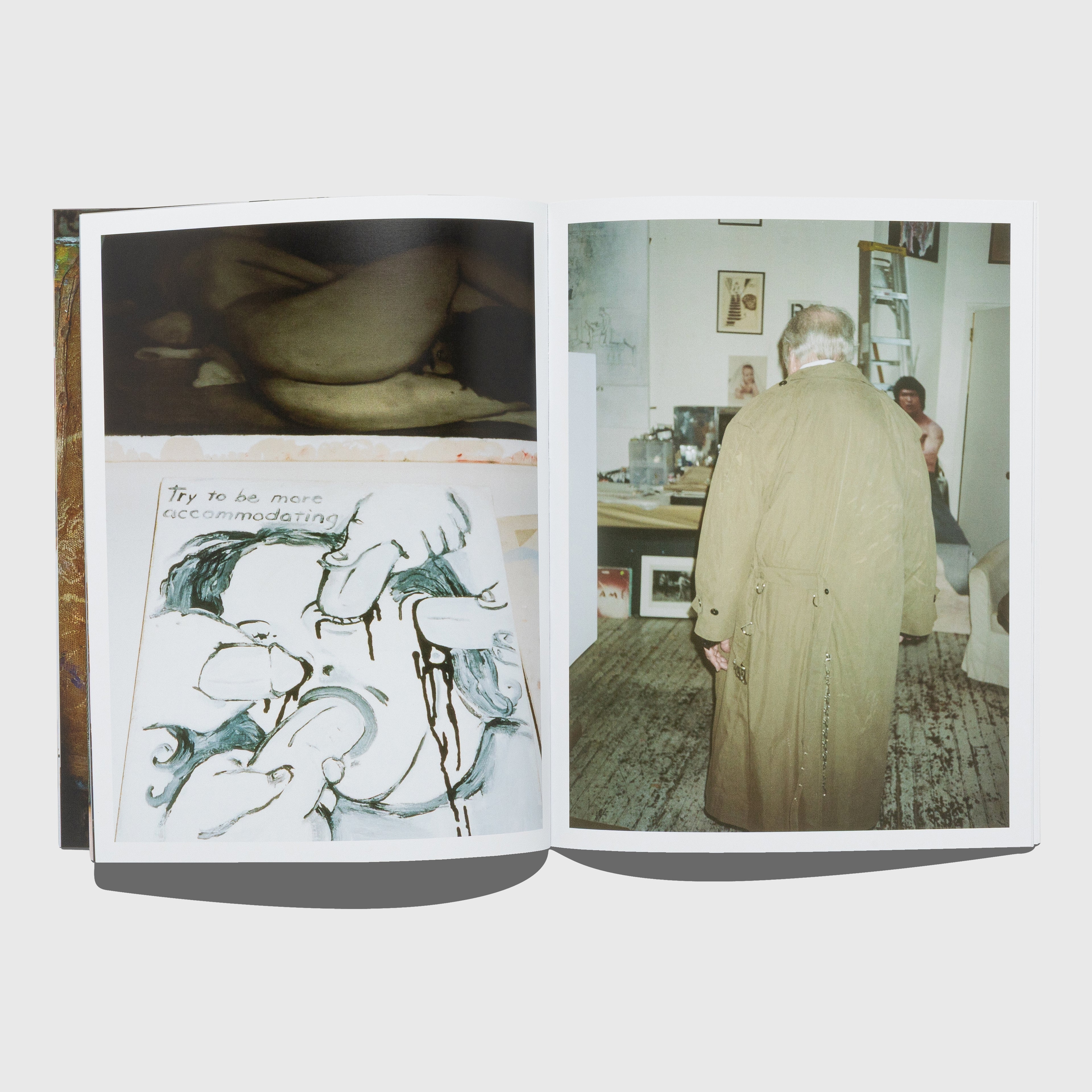 Open book showing two photographs on a white background. Larry Clark photographed by Terry Richardson for Enfants Riches Déprimés. Rifleman book.