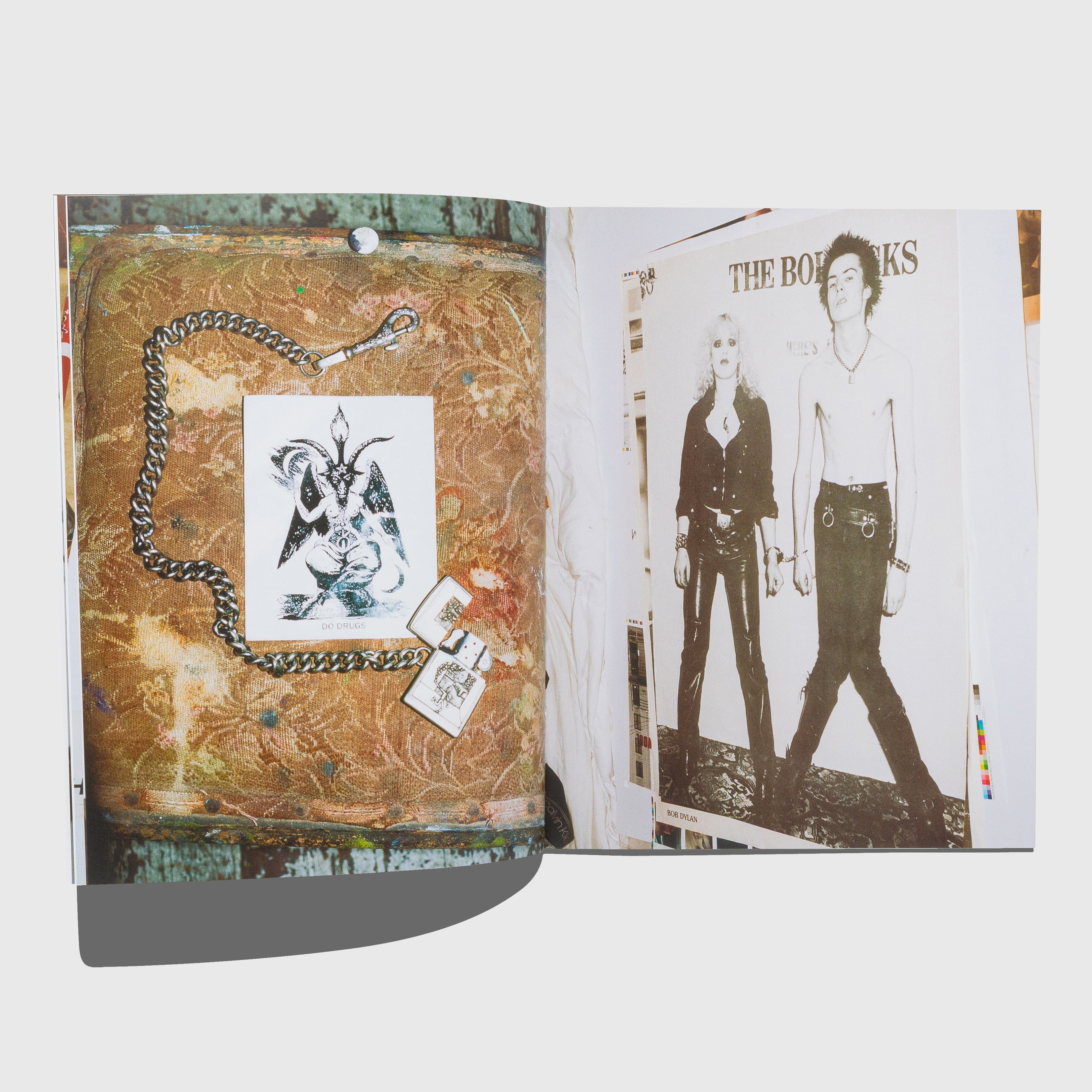 Open book with a rustic cover and black and white images of people on a white background. Sid Vicous. Larry Clark photographed by Terry Richardson for Enfants Riches Déprimés. Rifleman book.