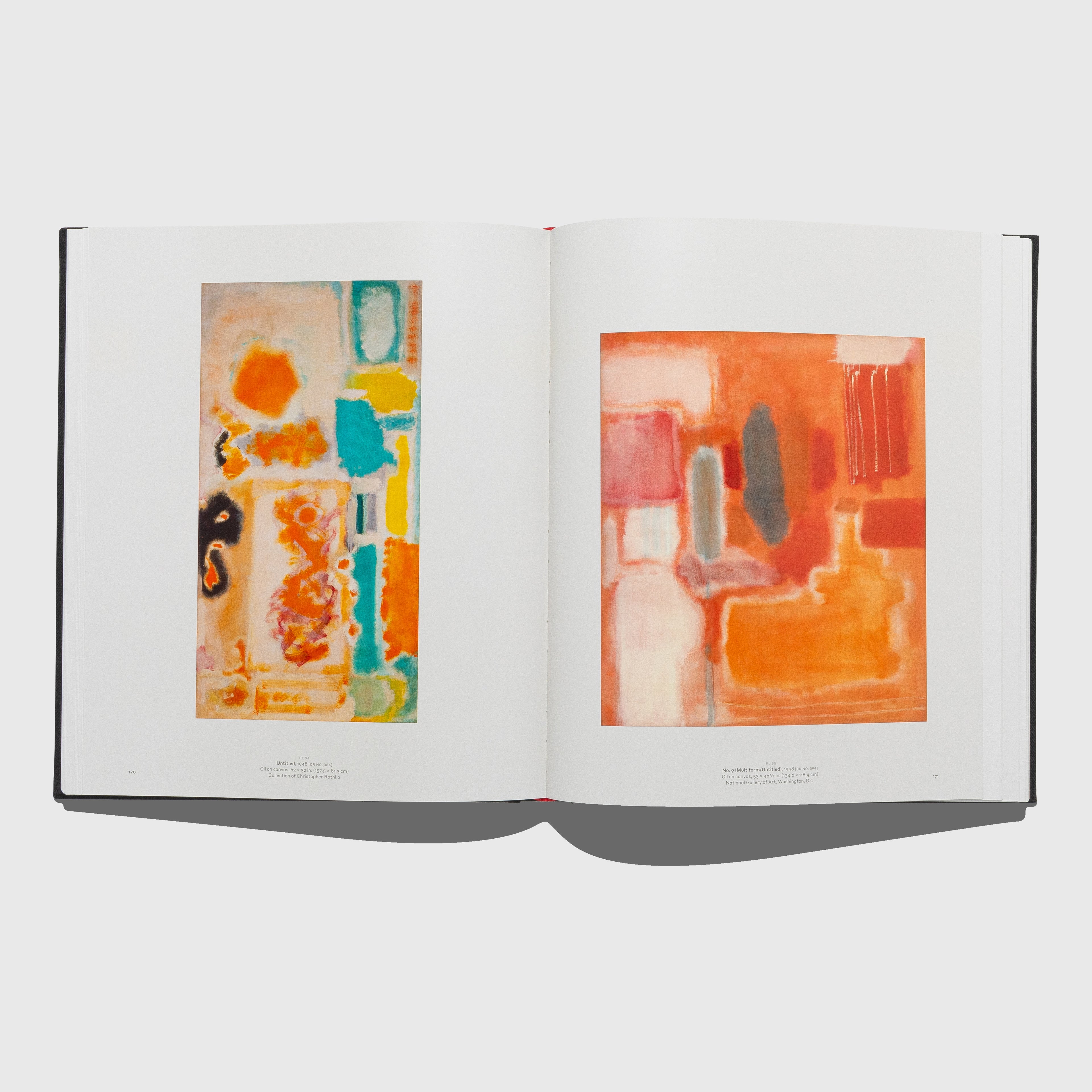 Open book displaying abstract art on a white background. Mark Rothko art book published by Rizzoli Electa.