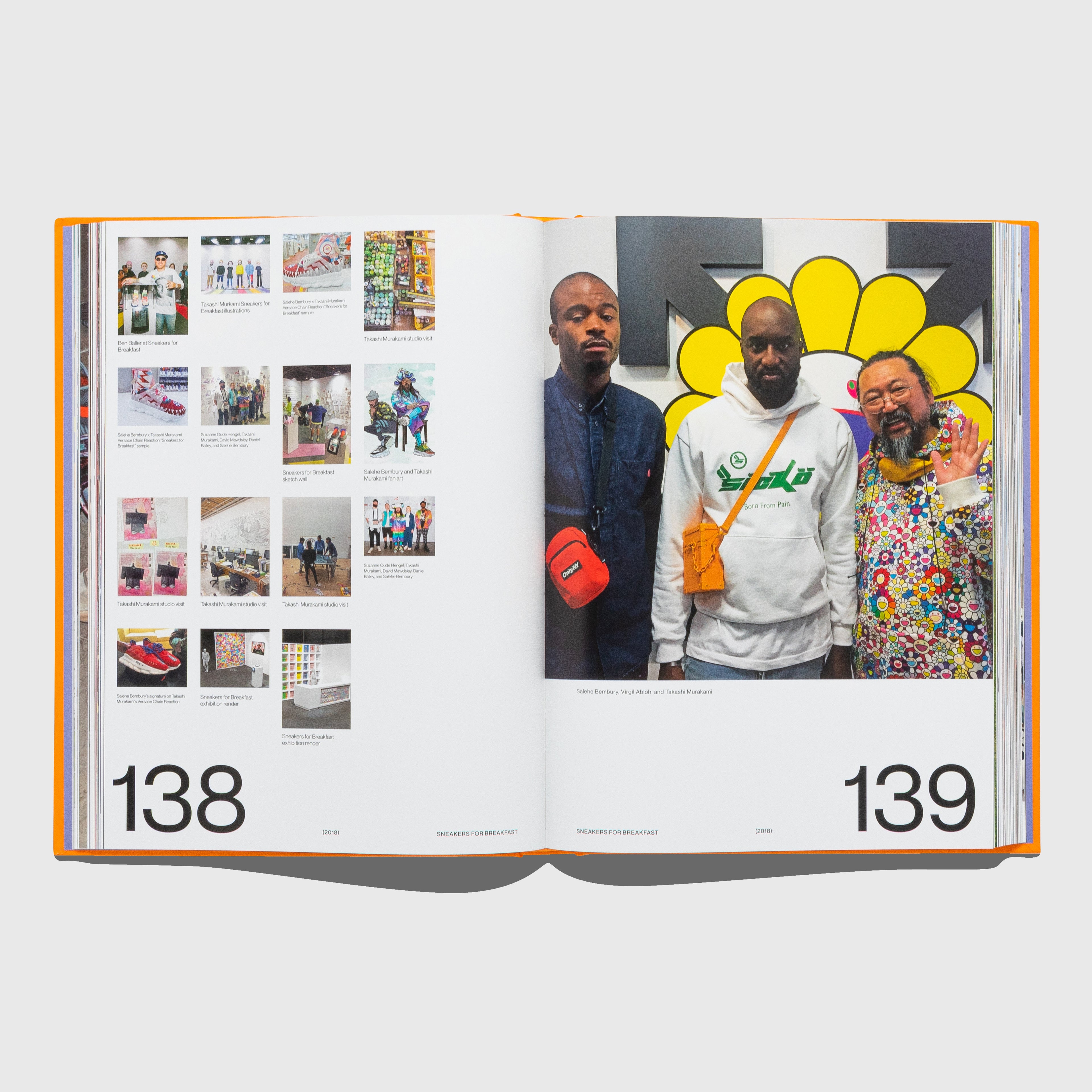 Open book showing pages with images of people and a colorful flower design. I MAKE SHOES book by Salehe Bembury. Published by Rizzoli. Virgil Abloom Takashi Murakami.