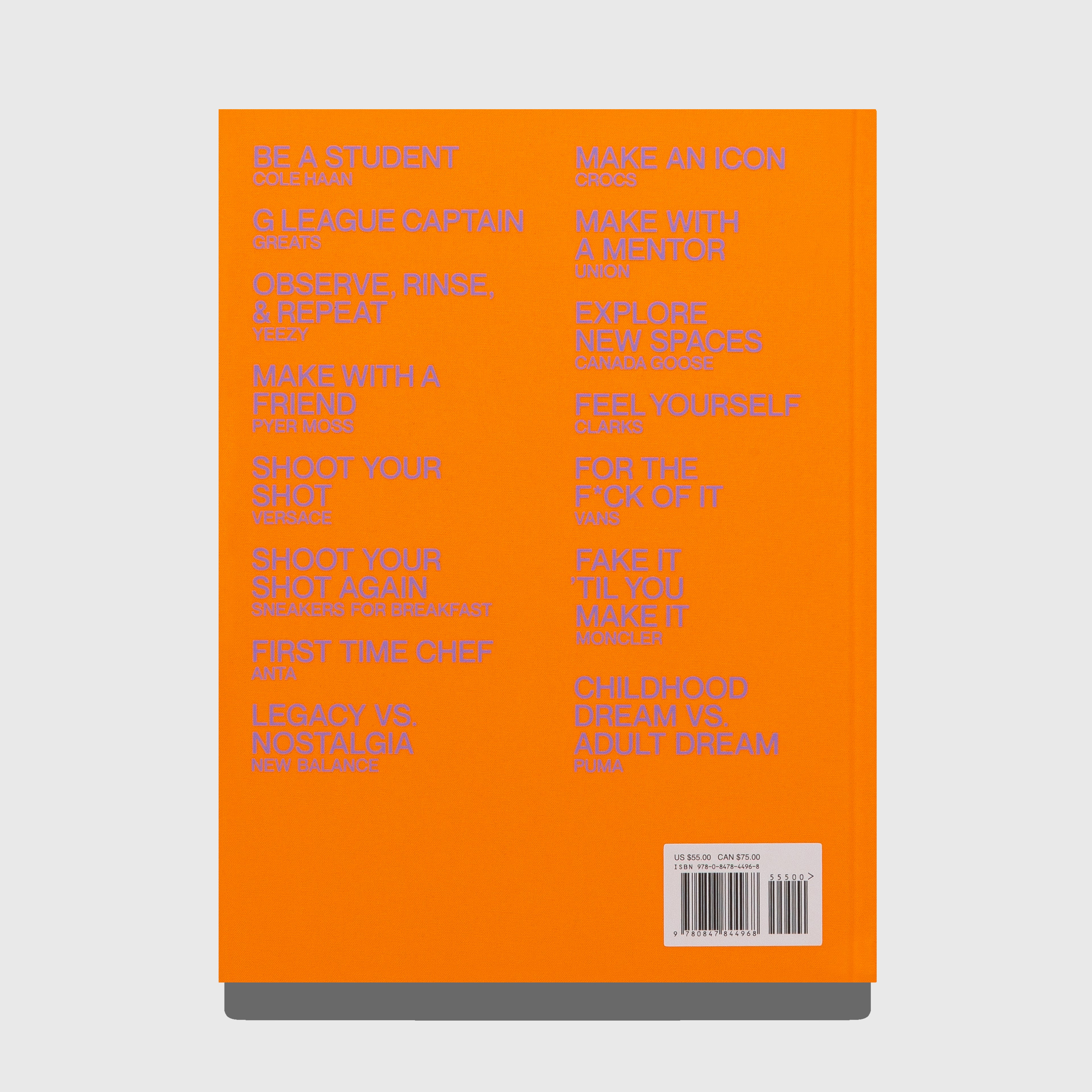 Book cover with text on an orange background. I MAKE SHOES book by Salehe Bembury. Published by Rizzoli. 