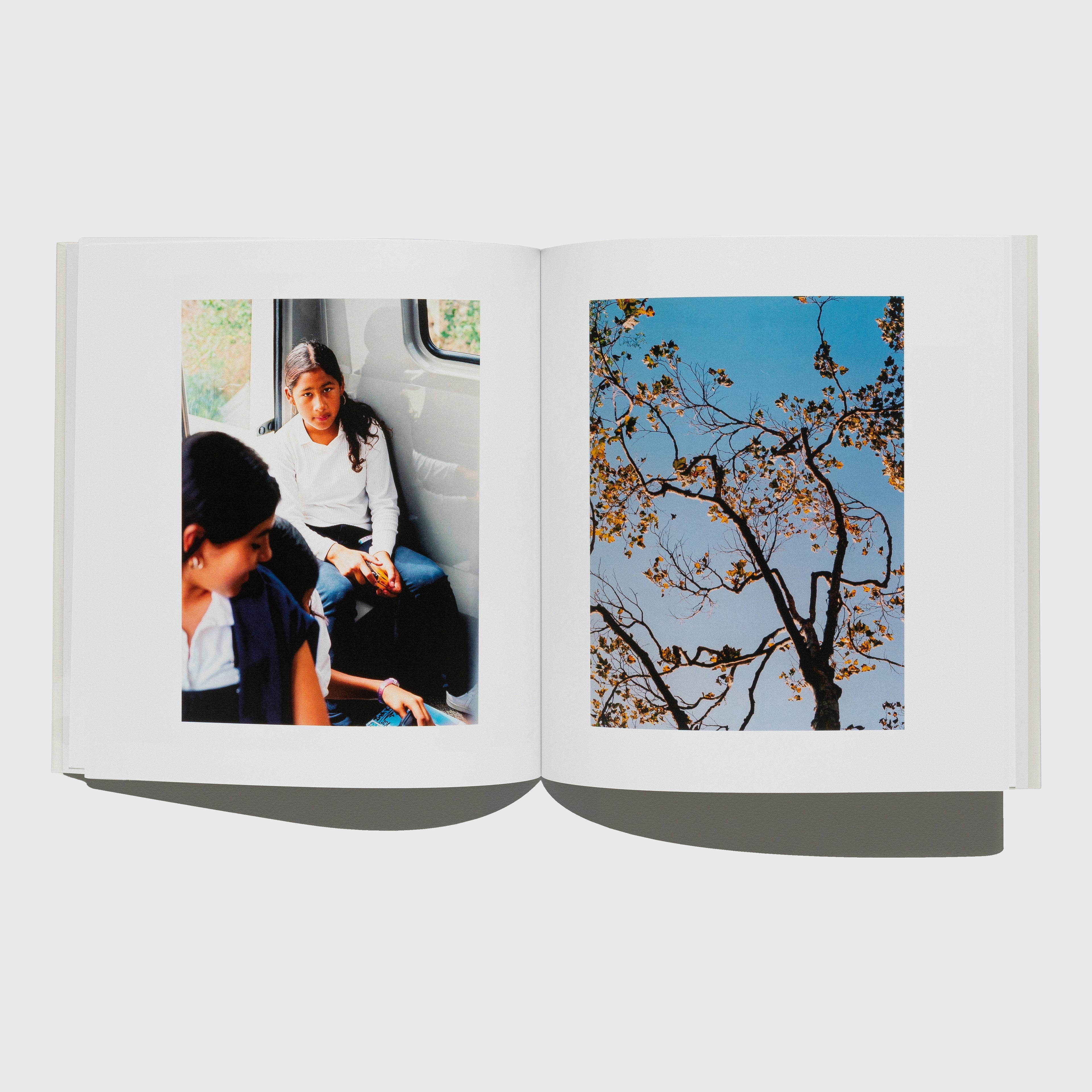 Open photo album showing two pages with a person sitting inside a vehicle and a tree with autumn leaves. Shaniqwa Jarvis.