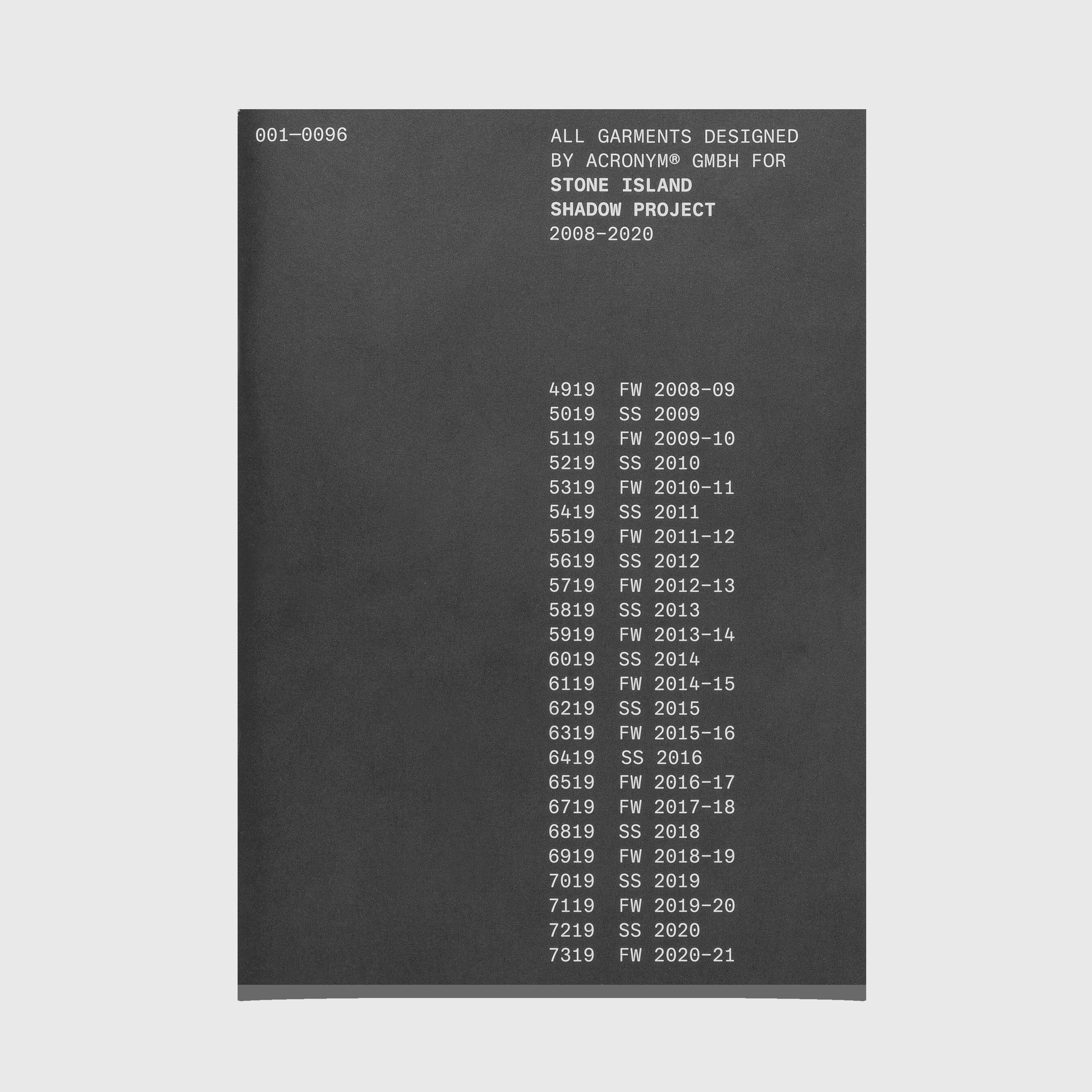 Black book with white text on a gray background. Stone Island Shadow Project 2008-2020 by ACRONYM GMBH.