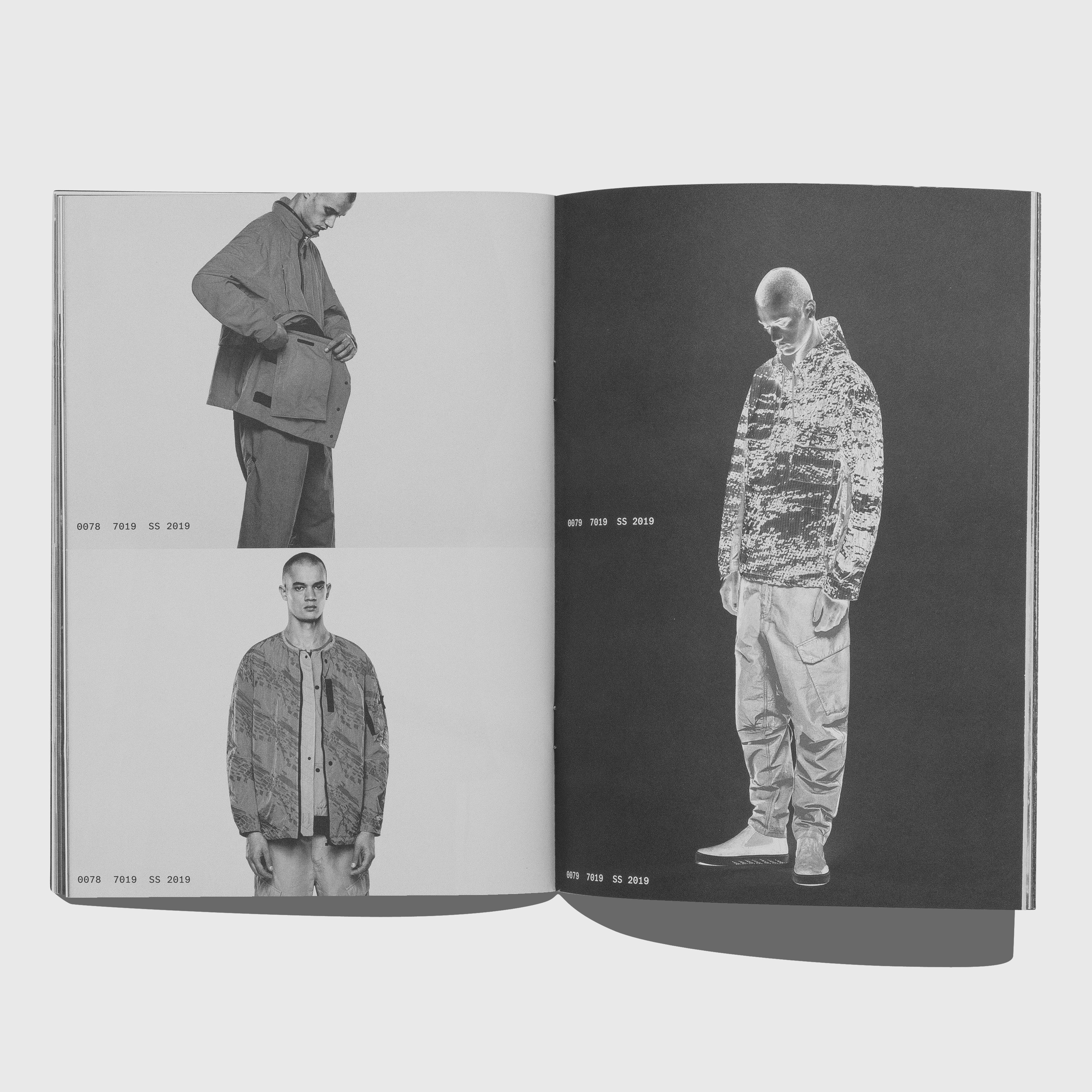 Open book showing black and white images of a person wearing a patterned outfit. Stone Island Shadow Project 2008-2020 by ACRONYM GMBH.