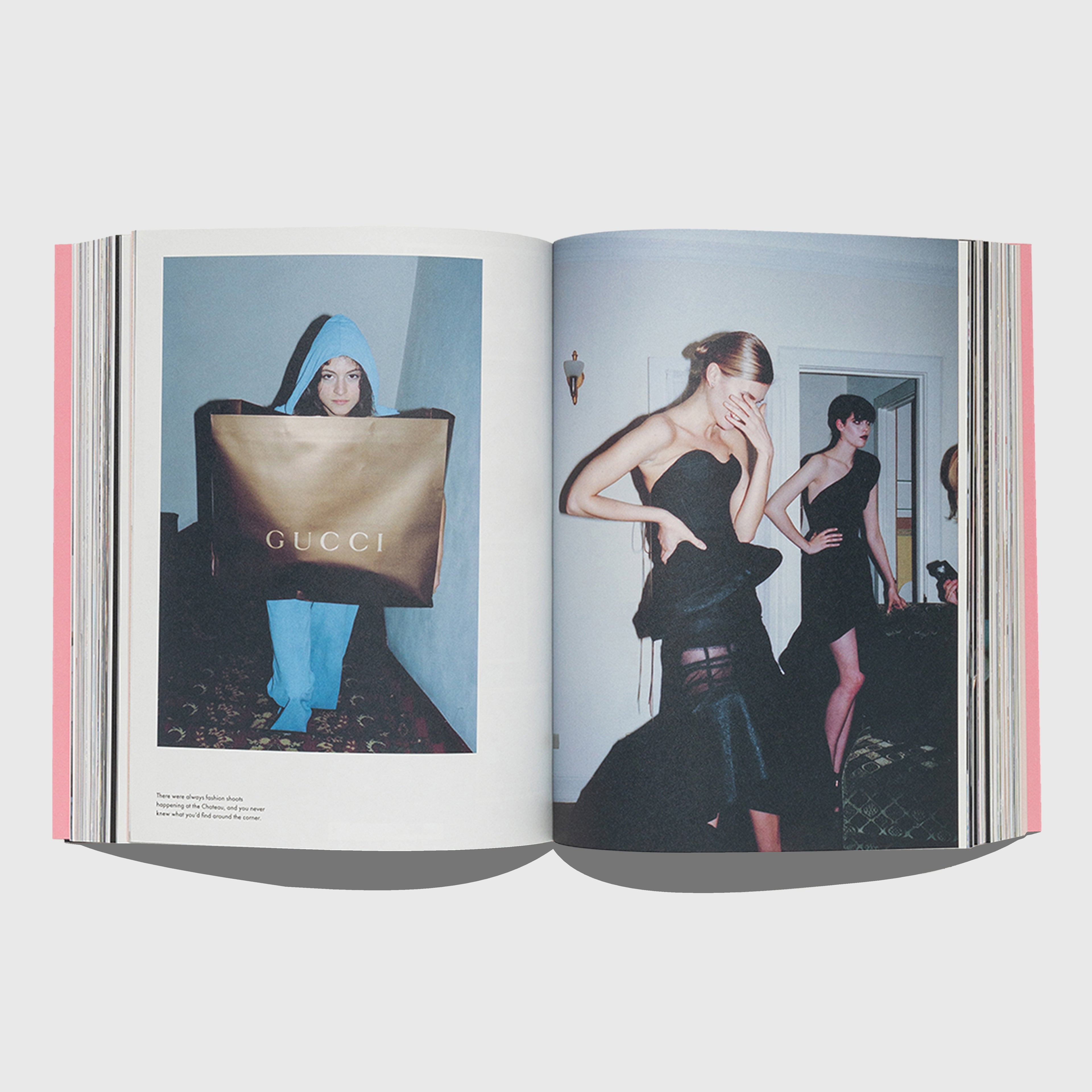 Open Sofia Coppola Archive photo book showing two pages with fashion-themed images, featuring a Gucci bag and models in black dresses by Sofia Coppola.
